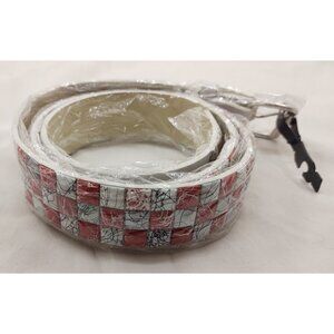 White Faux Leather Studded Belt Red Accents Alt Style Fashion Belt Adjustable